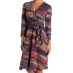 LONDON TIMES Multicolor Striped Glittery Knit Faux Wrap Midi Dress Tie Waist 12